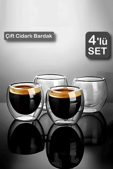 4’lü Çift Cidarlı Bardak Isıya Dayanıklı Espresso Kahve Sunum Bardağı Viski Cam Kupa Bardağı 250ml - 2