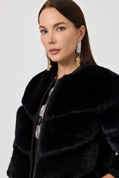 Rina Siyah Kadın Tüylü Mont - 5