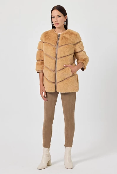 Rina Camel Kadın Tüylü Mont - 3