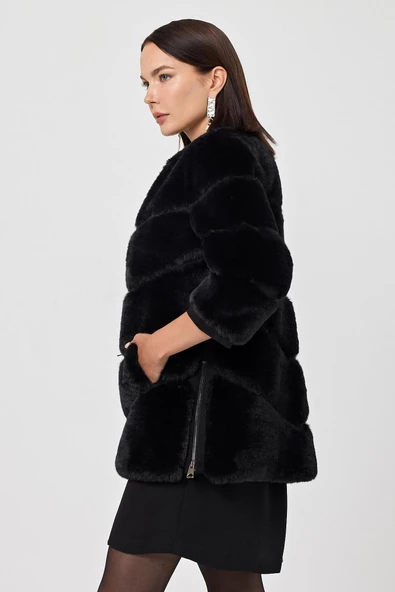 Rina Siyah Kadın Tüylü Mont - 7