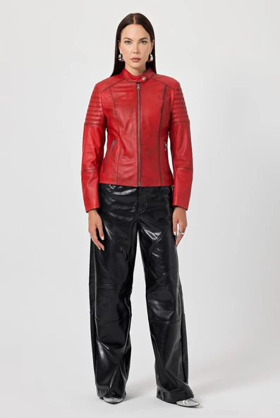 Eugenia Kırmızı Kadın Deri Mont - 3