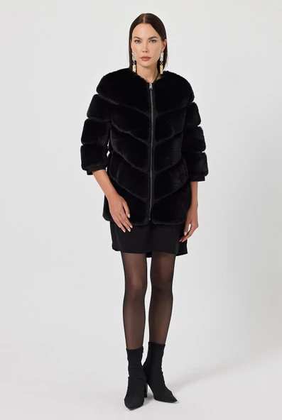Rina Siyah Kadın Tüylü Mont - 3