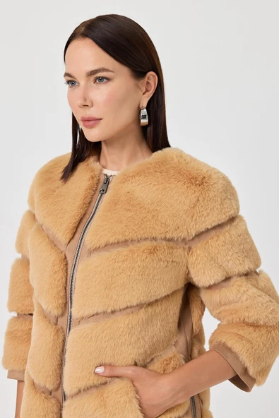 Rina Camel Kadın Tüylü Mont - 6