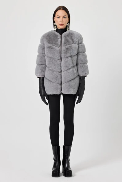 Rina Gri Kadın Tüylü Mont - 3