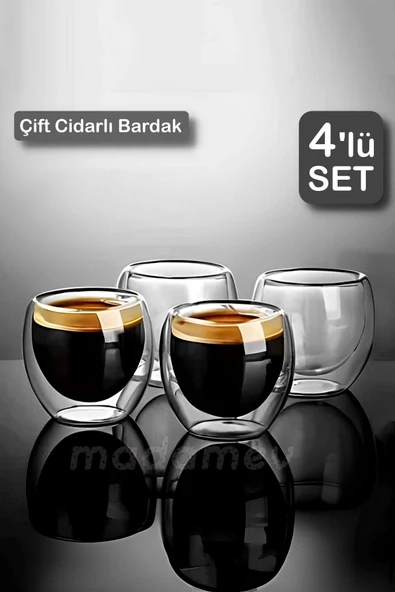 4’lü Çift Cidarlı Bardak Isıya Dayanıklı Espresso Kahve Sunum Bardağı Viski Cam Kupa Bardağı 250ml