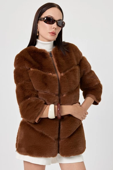 Rina Kahverengi Kadın Tüylü Mont - 5