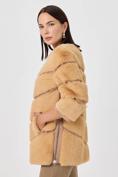 Rina Camel Kadın Tüylü Mont - 5