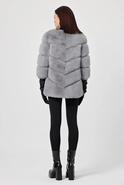 Rina Gri Kadın Tüylü Mont - 4
