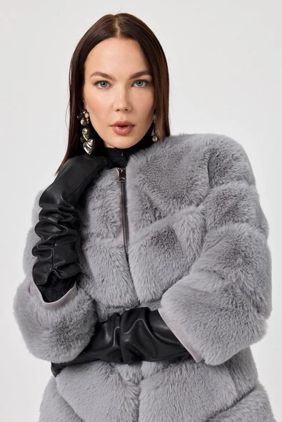 Rina Gri Kadın Tüylü Mont - 5