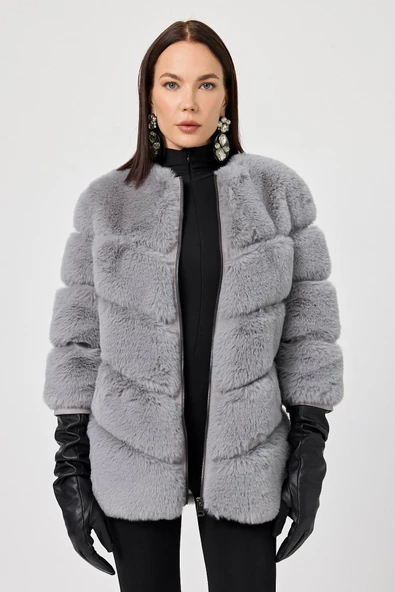 Rina Gri Kadın Tüylü Mont - 2