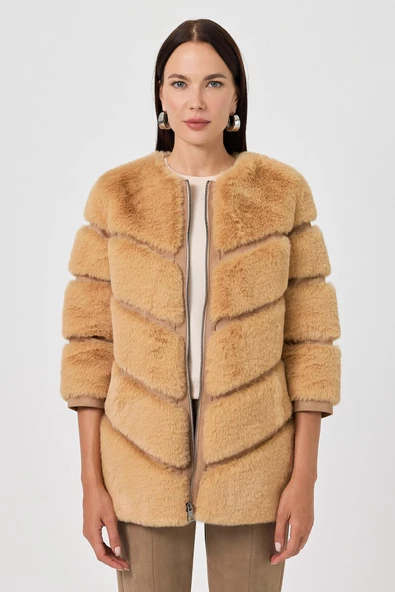 Rina Camel Kadın Tüylü Mont - 2