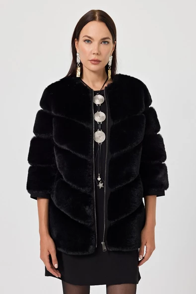 Rina Siyah Kadın Tüylü Mont - 2