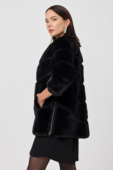 Rina Siyah Kadın Tüylü Mont - 6