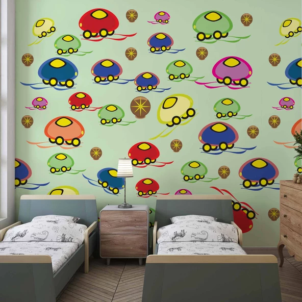 Mantar Arabalar Çocuk Odası Duvar Kağıdı Baskı ürün görseli