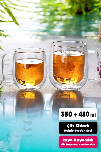 2'li Çift Cidarlı Bardak Seti 350+450 ml Isıya Dayanıklı Espresso Sunum Bardağı Kulplu Kahve Kupası - 2