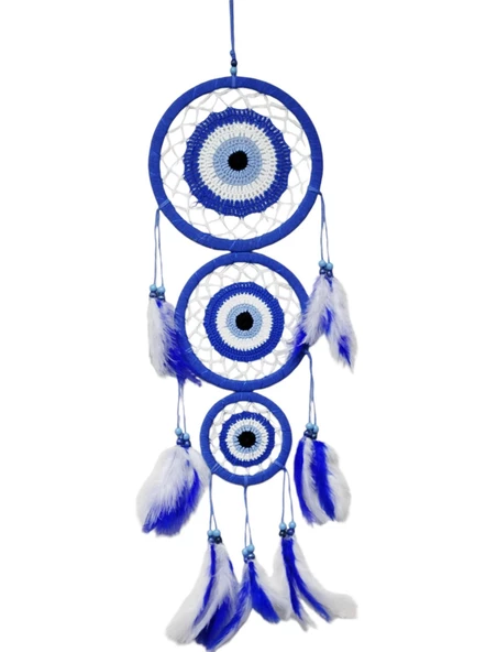 Nazar Motifli Üç Çemberli Kuş Tüylü Mavi Duvar Süsü ürün görseli