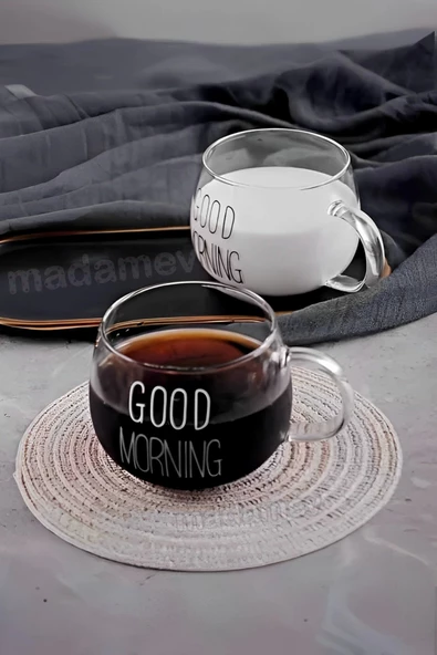6lı Good Morning Kupa Cam Bardak Isıya Dayanıklı Kulplu Stil Kahve Sunum Kahvaltı Süt Bardağı 350ml - 6
