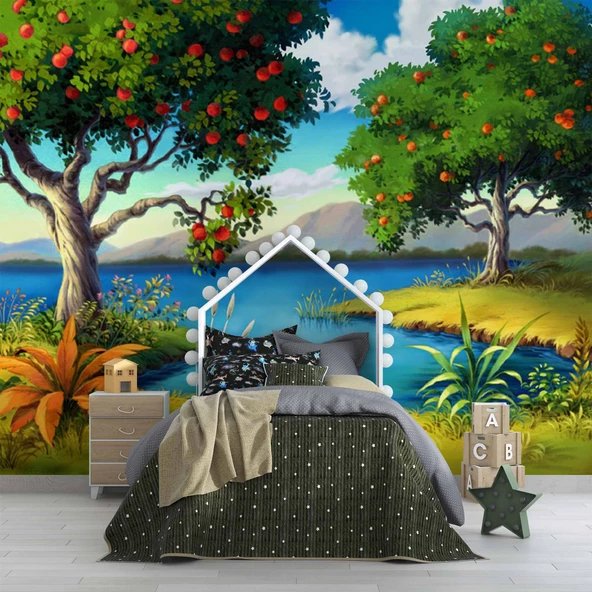 Meyve Ağacı ve Göl Manzaralı Çocuk Çocuk Odası Duvar Kağıdı Baskı - Resim 4