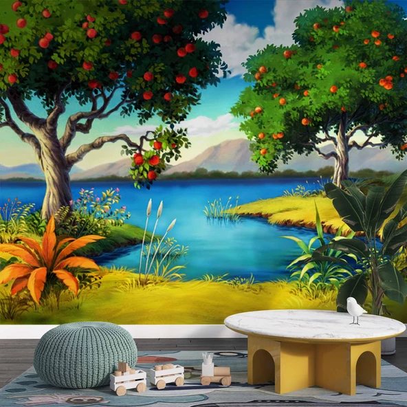 Meyve Ağacı ve Göl Manzaralı Çocuk Çocuk Odası Duvar Kağıdı Baskı - Resim 3