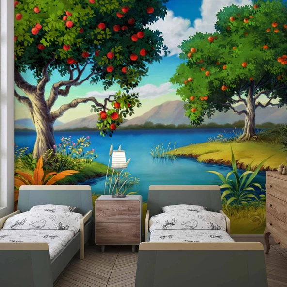 Meyve Ağacı ve Göl Manzaralı Çocuk Çocuk Odası Duvar Kağıdı Baskı ürün görseli