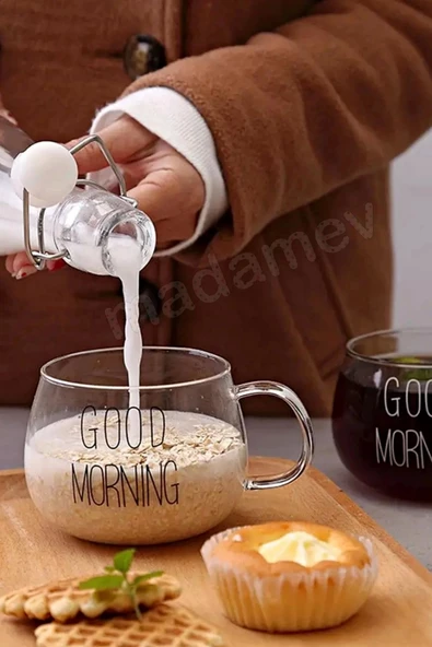 4lu Good Morning Kupa Cam Bardak Isıya Dayanıklı Kulplu Stil Kahve Sunum Kahvaltı Süt Bardağı 350ml - 2