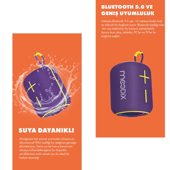 Moodix KI23KSV6 Bluetooth Hoparlör Mor 10W IPX6 Suya Dayanıklı - 4