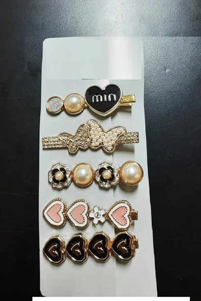 Periboia Gold Tema 5 li Set Saç Tokası Seti Çoklu Figürlü Toka Seti - Kalp- Kelebek - Min - 4