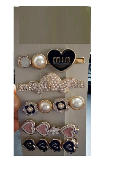 Periboia Gold Tema 5 li Set Saç Tokası Seti Çoklu Figürlü Toka Seti - Kalp- Kelebek - Min - 2