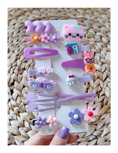 Periboia 14 Lü Set Çocuk Saç Tokası Seti Mor Tema Çoklu Figürlü Toka Set - 3
