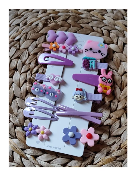 Periboia 14 Lü Set Çocuk Saç Tokası Seti Mor Tema Çoklu Figürlü Toka Set - 2