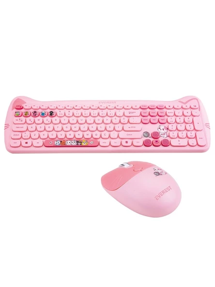 Everest KM-6283 Catty Renkli Tuşlu Pembe Kablosuz Q Multimedia Klavye + Mouse + Pad Set