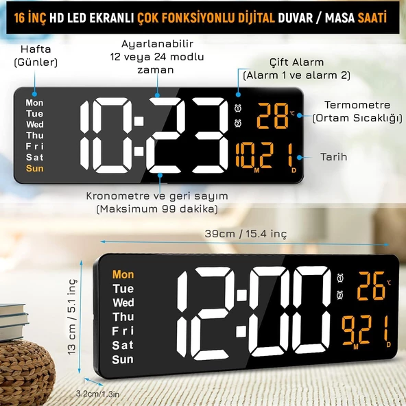 UpWay Kumandalı Büyük  HD LED Ekranlı Dijital Masa Duvar Saati Elektronik Saat Sıcaklık Tarih Turuncu - 2