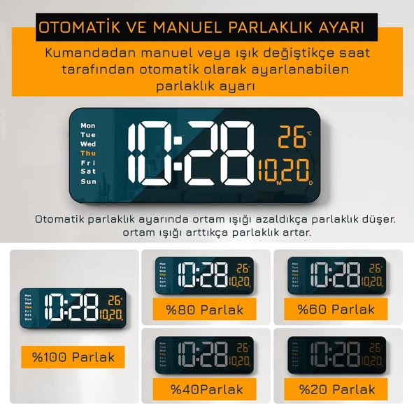 UpWay Kumandalı Büyük  HD LED Ekranlı Dijital Masa Duvar Saati Elektronik Saat Sıcaklık Tarih Turuncu - 5