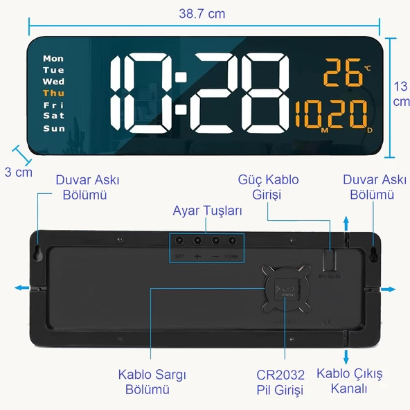 UpWay Kumandalı Büyük  HD LED Ekranlı Dijital Masa Duvar Saati Elektronik Saat Sıcaklık Tarih Turuncu - 6