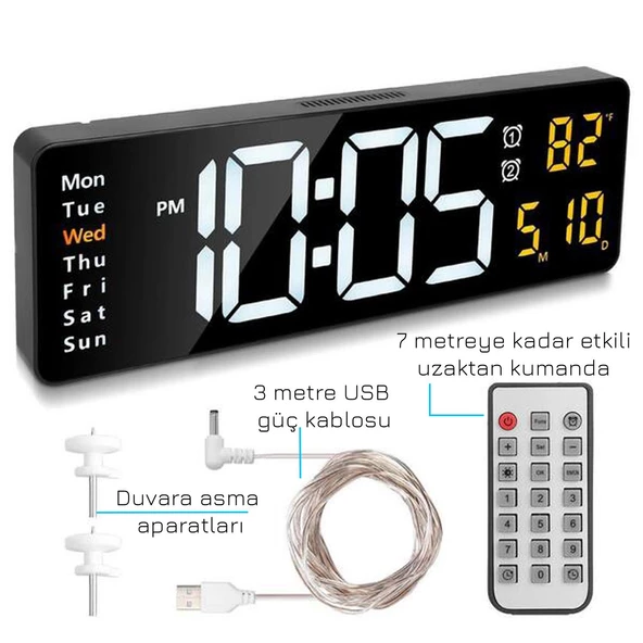 UpWay Kumandalı Büyük  HD LED Ekranlı Dijital Masa Duvar Saati Elektronik Saat Sıcaklık Tarih Turuncu - 3