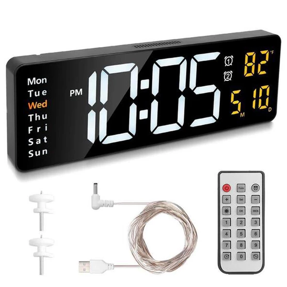 UpWay Kumandalı Büyük  HD LED Ekranlı Dijital Masa Duvar Saati Elektronik Saat Sıcaklık Tarih Turuncu - 8