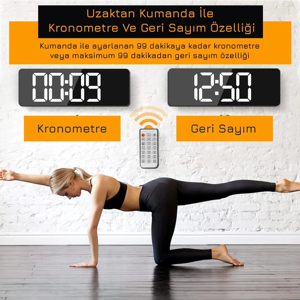 UpWay Kumandalı Büyük  HD LED Ekranlı Dijital Masa Duvar Saati Elektronik Saat Sıcaklık Tarih Turuncu - 4