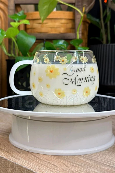 6lı Good Morning Çiçekli Kupa Cam Bardak Isıya Dayanıklı Kulplu Kahve Sunum Kahvaltı Süt Bardağı - 2