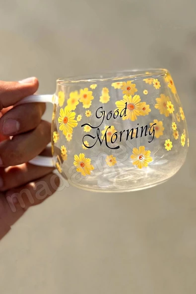 4lü Good Morning Çiçekli Kupa Cam Bardak Isıya Dayanıklı Kulplu Kahve Sunum Kahvaltı Süt Bardağı - 3