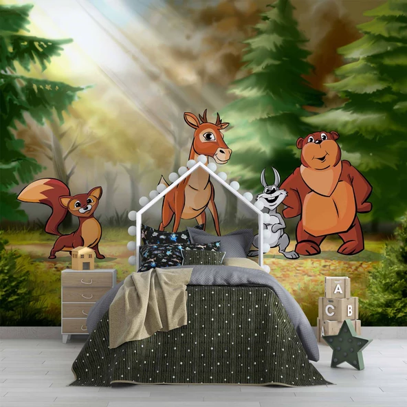 Orman Hayvanları Çocuk Odası Duvar Kağıdı Baskı - Resim 4
