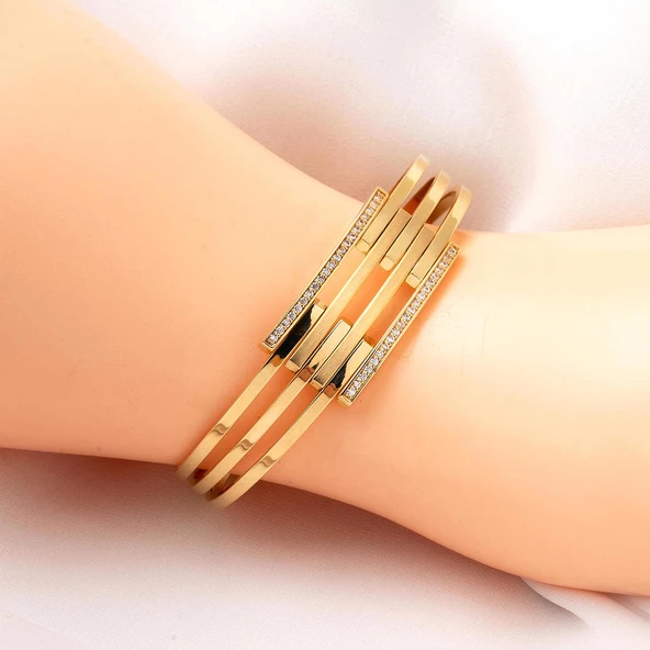 Sıra Taşlı 14 Ayar Altın Kaburga Bilezik - Resim 2