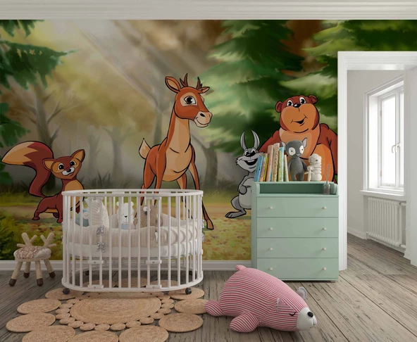 Orman Hayvanları Çocuk Odası Duvar Kağıdı Baskı - Resim 2
