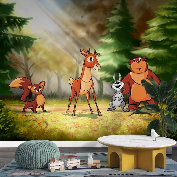 Orman Hayvanları Çocuk Odası Duvar Kağıdı Baskı - Resim 3