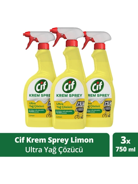 Cif Krem Sprey Ultra Yağ Çözücü Yüzey Temizleyici Limon 750 Ml x 3 Adet
