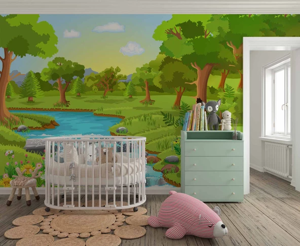 Nehir ve Orman Manzaralı Çocuk Odası Duvar Kağıdı Baskı - Resim 2