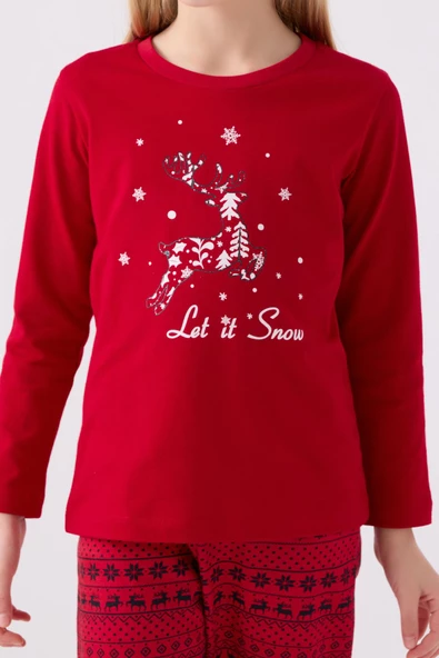 Arnetta 3106 Let İt Snow Kız Çocuk Kırmızı Uzun Kol Pijama Takım - 4