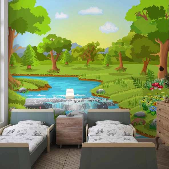 Nehir ve Orman Manzaralı Çocuk Odası Duvar Kağıdı Baskı ürün görseli