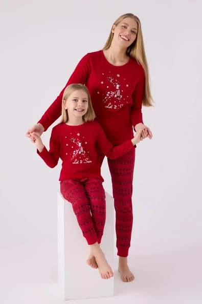 Arnetta 3106 Let İt Snow Kız Çocuk Kırmızı Uzun Kol Pijama Takım - 6