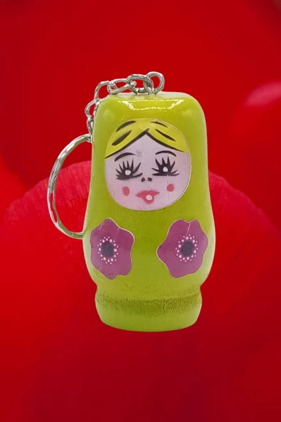 Ahşap Matruşka Bebek Anahtarlık Yeşil 5cm Büyük Boy - 8