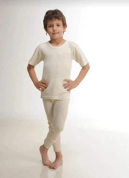 HASYÜN 500-550 ÇOCUK YÜN FANİLA TAYT İÇLİK TAKIM 2 ADET  EKRU 1-2 Yaş - Resim 2